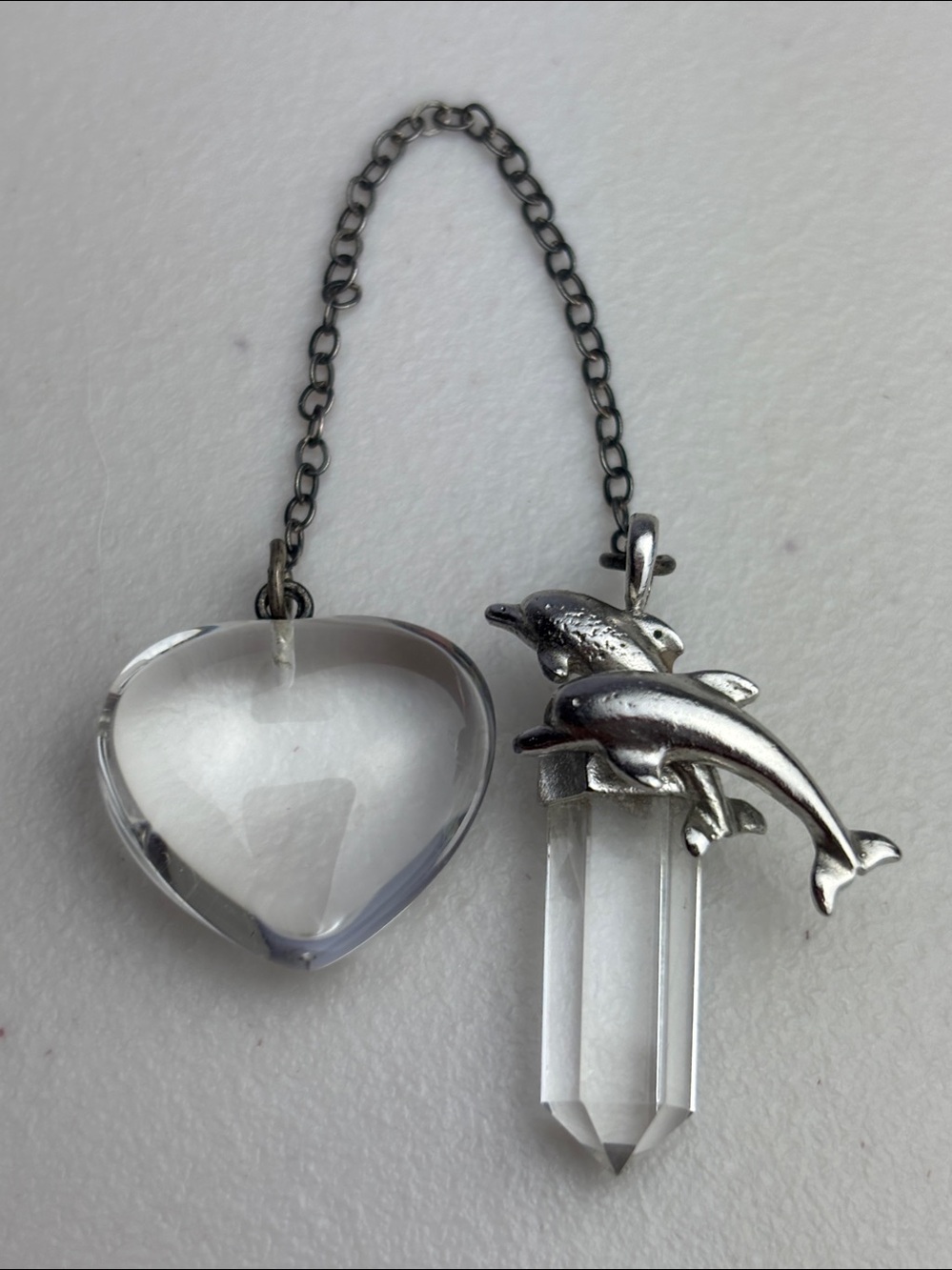 Vintage 925 Silver Dolphin Crystal Point Necklace with Crystal Clear Heart